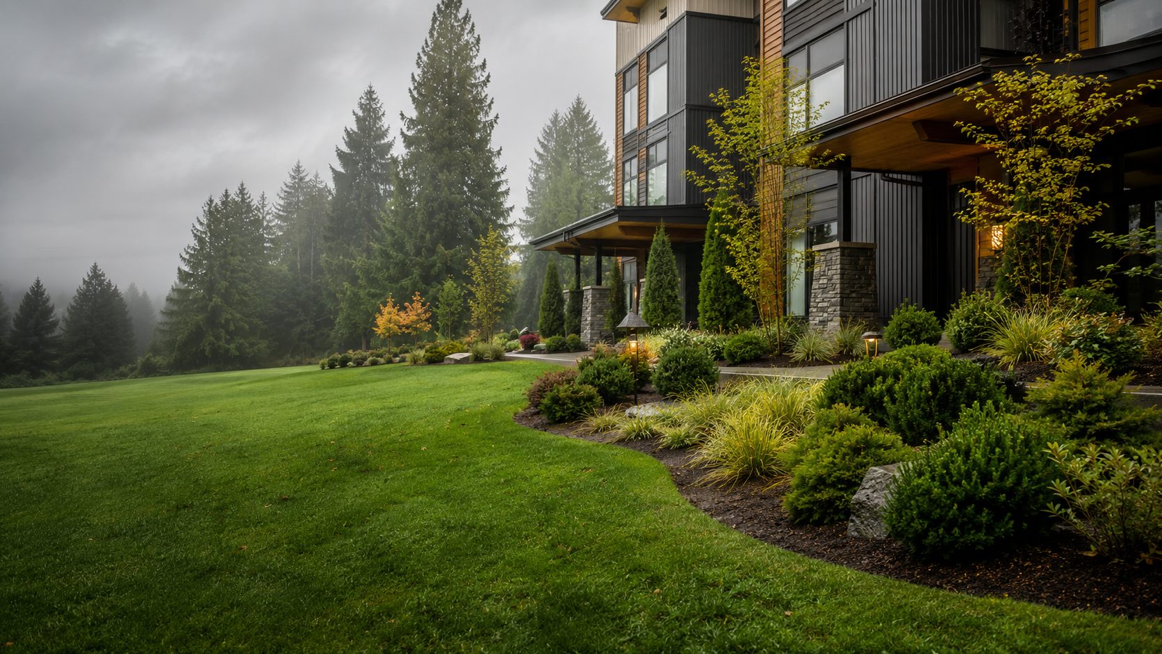 A well-maintained property with manicured lawn and landscaped beds beneath Pacific Northwest evergreens